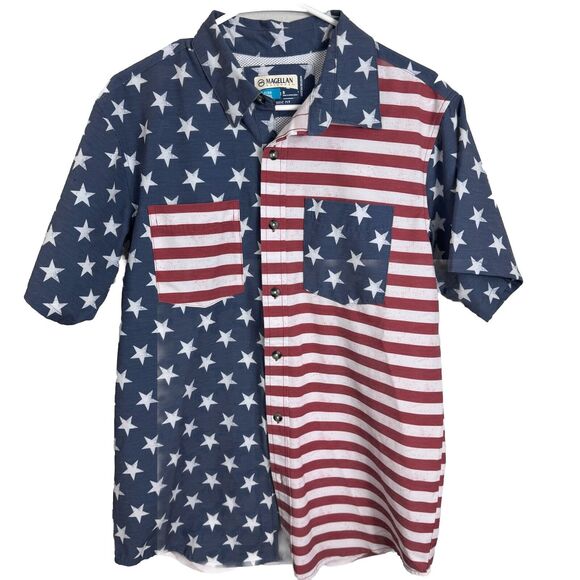 Magellan Relaxed Fit Shirt Men Small White US Flag Vented Short‎ Sleeve Fishing - Picture 1 of 9